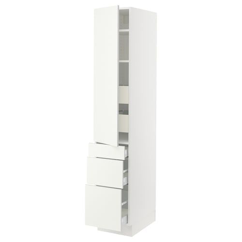 White SEKTION cabinet, modern design, tall with drawers, sturdy, adjustable shelves.