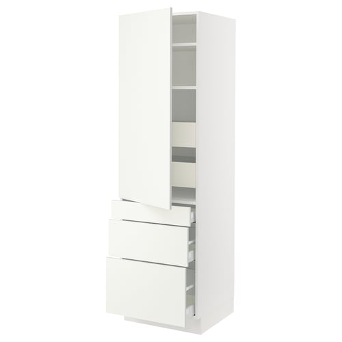 A white SEKTION kitchen cabinet with drawers and shelves. It has a modern design with sleek lines and a glossy finish.
