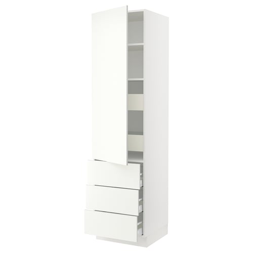 A white SEKTION kitchen cabinet with drawers and adjustable shelves.