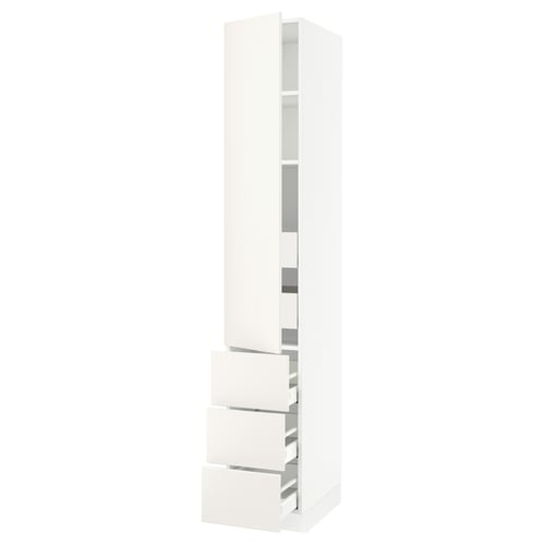 SEKTION white kitchen cabinet, modern design, glossy finish, tall and rectangular with drawers.