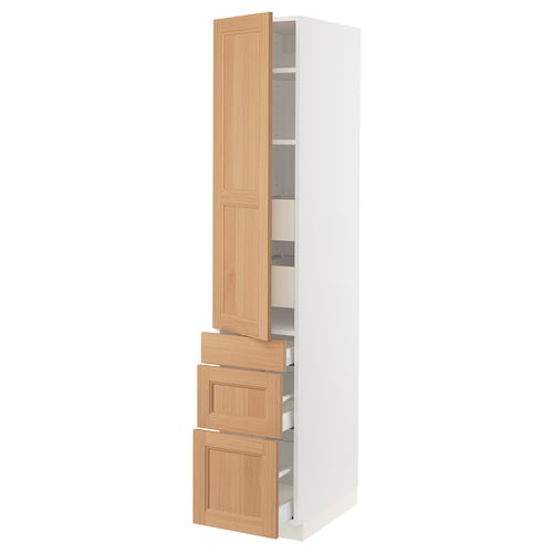 White kitchen cabinet with oak door, drawers, and adjustable shelves.
