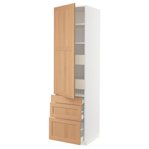 SEKTION tall kitchen cabinet in white, oak doors, adjustable shelves, durable frame. Modern and functional design.