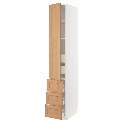 SEKTION kitchen cabinet in white and light oak wood. Tall, narrow with open door, light wood drawers, sleek design.