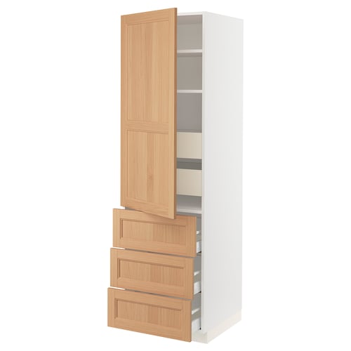 Ikea SEKTION kitchen cabinet, white and light oak, tall with shelves and drawers.