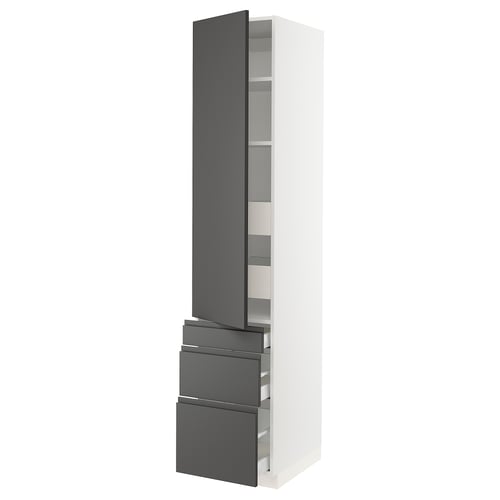 SEKTION kitchen tall unit, white with dark grey drawers, modern & sleek design.