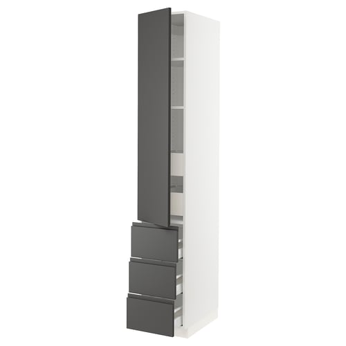 Modern white kitchen cabinet with dark grey drawers and shelves, minimalist design.