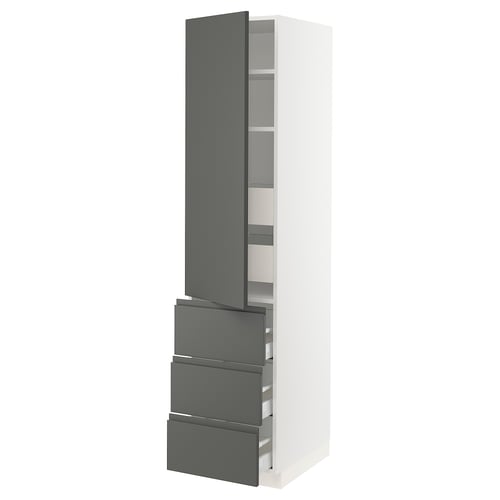 Modern tall kitchen cabinet with dark grey drawers and shelves, minimalist design.