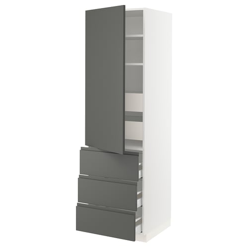 Modern kitchen cabinet with dark grey door and drawers.