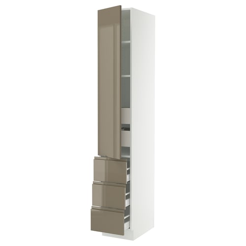 A tall, white SEKTION kitchen cabinet with glossy dark grey-brown drawers and a sleek design.