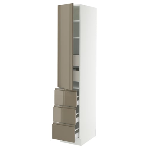 A modern white SEKTION kitchen cabinet with high gloss beige-brown drawers. It multiple shelves and soft-closing drawers.