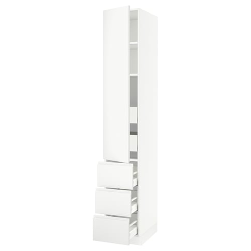 White SEKTION kitchen cabinet, tall, slim, modern design with minimalist draws and shelves.