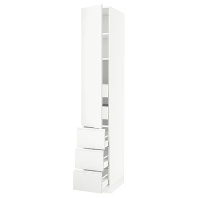 White SEKTION kitchen cabinet, tall, slim, modern design with minimalist draws and shelves.