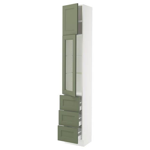 SEKTION kitchen cabinet with grey-green glass doors and white frame, vertical storage, adjustable shelves, and soft-close.