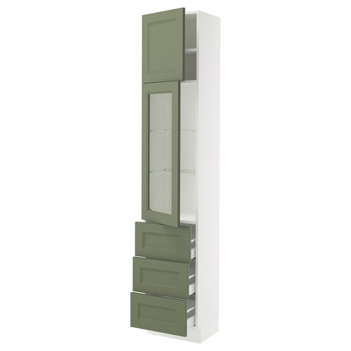 This image shows a tall, white SEKTION kitchen cabinet with green glass and grey-green handles, featuring adjustable shelves and drawers.