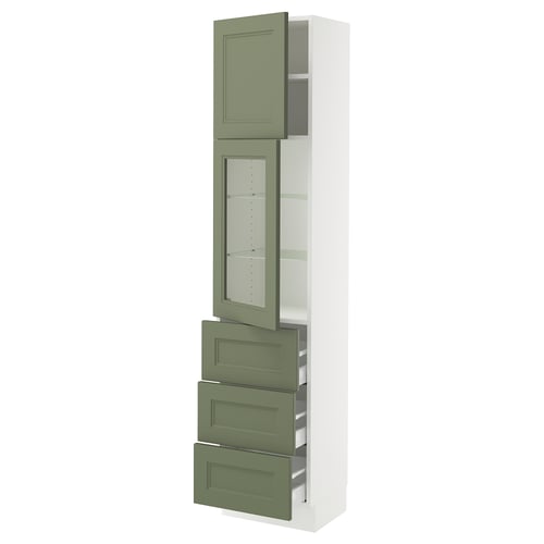 SEKTION kitchen cabinet, grey-green glass doors, white frame, vertical design with mix of shelves and drawers.