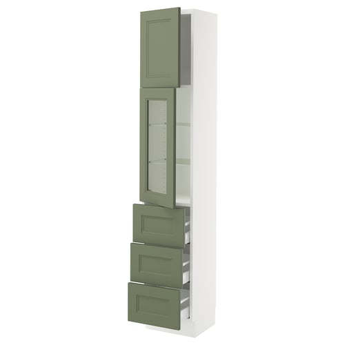 A SEKTION kitchen cabinet with green glass doors and green drawers, white frame, tall and rectangular.