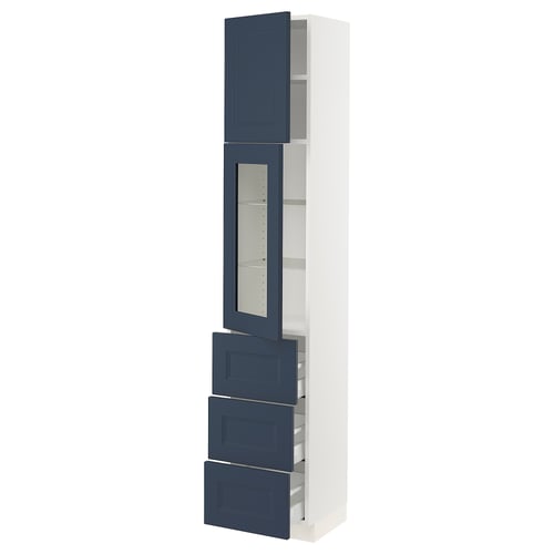 SEKTION white kitchen cabinet with blue glass door and drawers, 3 shelves.