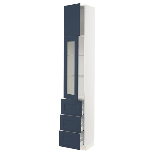 SEKTION kitchen unit with blue glass doors and white frame. Tall, slim, modern design with drawers and shelves.