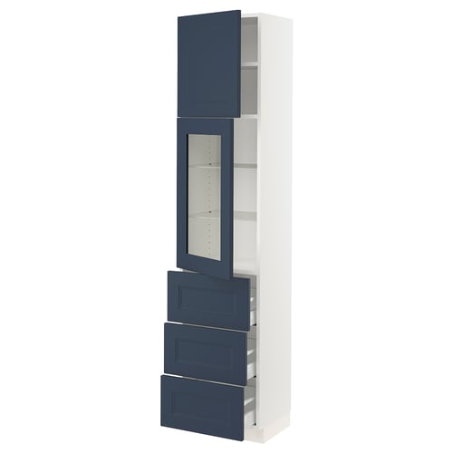 SEKTION kitchen unit with blue glass doors and drawers, white frame, modern design.