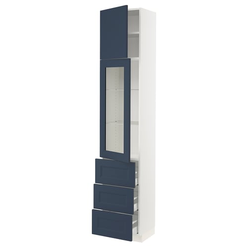 A white and blue kitchen cabinet with glass doors and drawers. The cabinet an adjustable shelf and a soft-closing door.