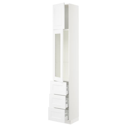 White SEKTION kitchen cabinet with glass door, adjustable shelves and drawers.