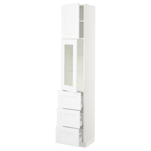 White SEKTION kitchen cabinet with glass and wood drawers, tall design.