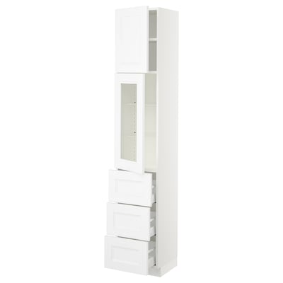 SEKTION / MAXIMERA High cab w glass dr/3 drwrs/1 door, white/Axstad matte white, 15x15x80 "
