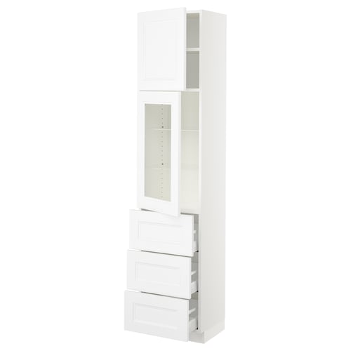 White SEKTION tall kitchen cabinet with glass, drawers, adjustable shelves.