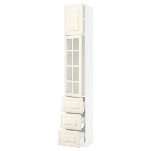 Off-white ikea SEKTION kitchen cabinet with glass doors and drawer units, tall rectangular design.