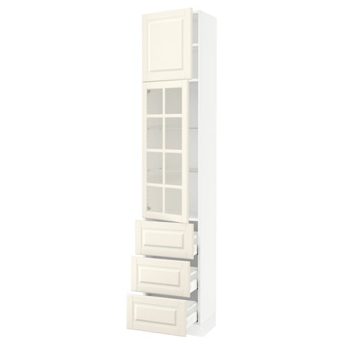 SEKTION off-white kitchen cabinet, tall with glass doors and drawers, classic design.