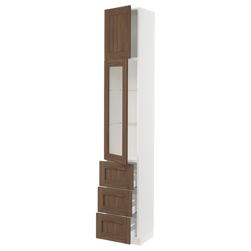 A tall white kitchen cabinet with wooden drawers and glass doors. It has a sleek, modern design with adjustable shelves.