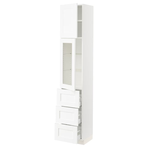 White SEKTION cabinet with glass and drawers.