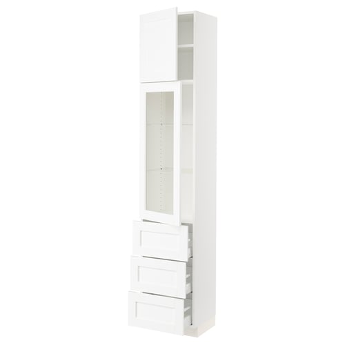 White modern shelving unit with glass and drawer combo. Tall, rectangular shape, with adjustable shelves. Handles on drawers and glass doors.