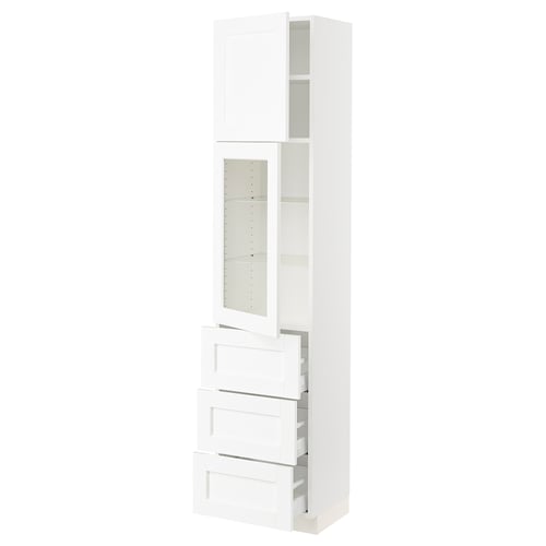 White tall kitchen cabinet with glass door, shelves, and drawers. Modern and functional design.