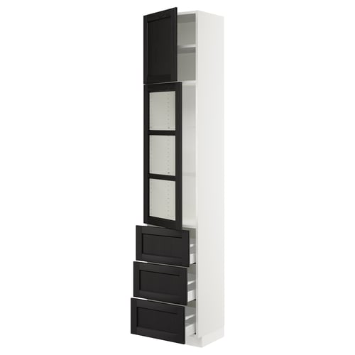 An ikea SEKTION kitchen unit with black stained lerhyttan glass doors and adjustable shelves.