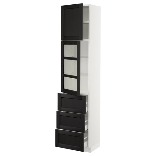 Black ikea SEKTION kitchen cabinet with glass doors, white frame, tall with shelves and drawers.