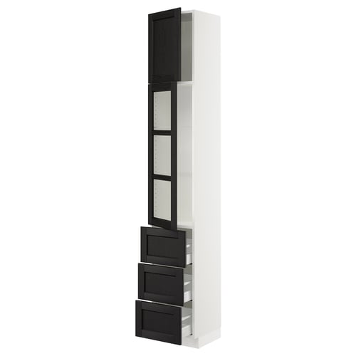 An ikea SEKTION kitchen unit with black stained lerhyttan glass doors and adjustable shelves.