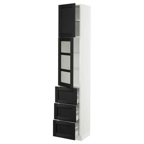 SEKTION kitchen cabinet, white & black stained wood, glass doors, three shelves, soft-close drawers.