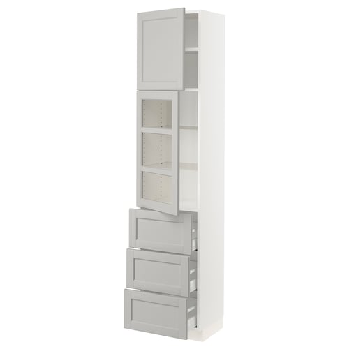 An IKEA SEKTION kitchen storage unit in white and light grey. It drawers, shelves, and glass doors with a classic design.