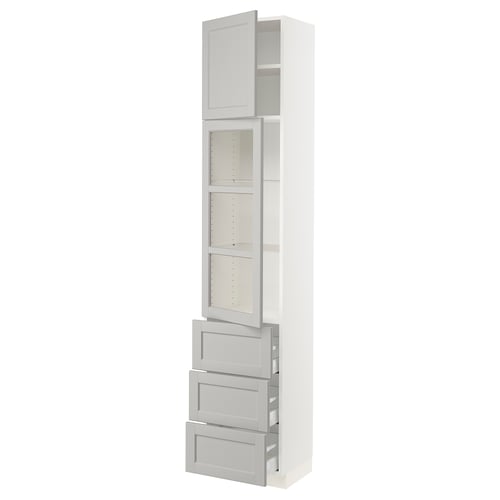 SEKTION kitchen unit, white, light grey glass doors, rectangular shape, modern design, adjustable shelves.
