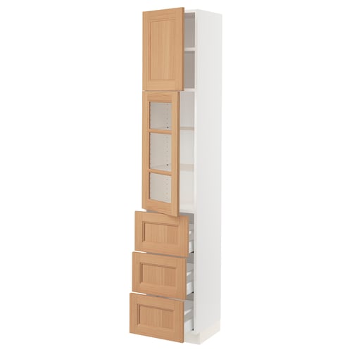 SEKTION kitchen cabinet in white and oak wood with adjustable shelves and drawers.