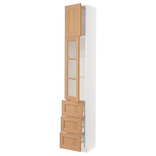 An ikea SEKTION kitchen cabinet with oak finish and glass doors, featuring drawers and adjustable shelves.