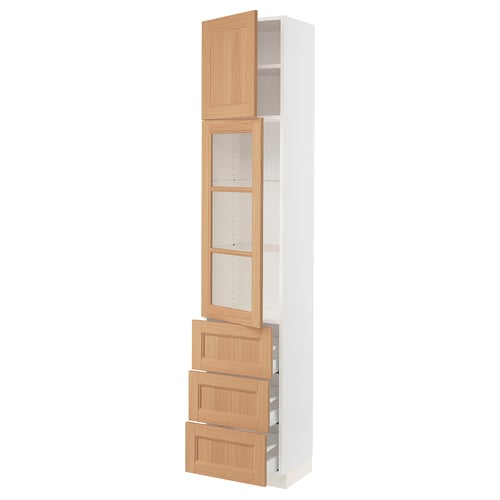 The SEKTION kitchen cabinet in white and oak. It glass doors with adjustable shelves, and wooden drawers.