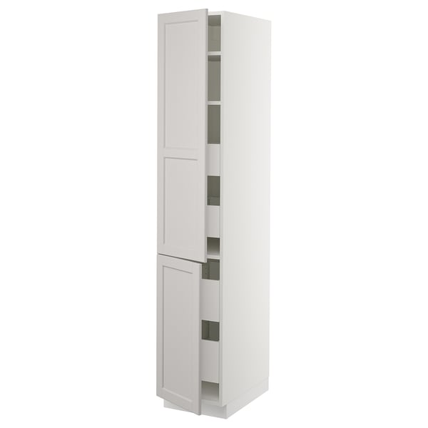 White SEKTION kitchen cabinet with bevelled edges and adjustable shelves.