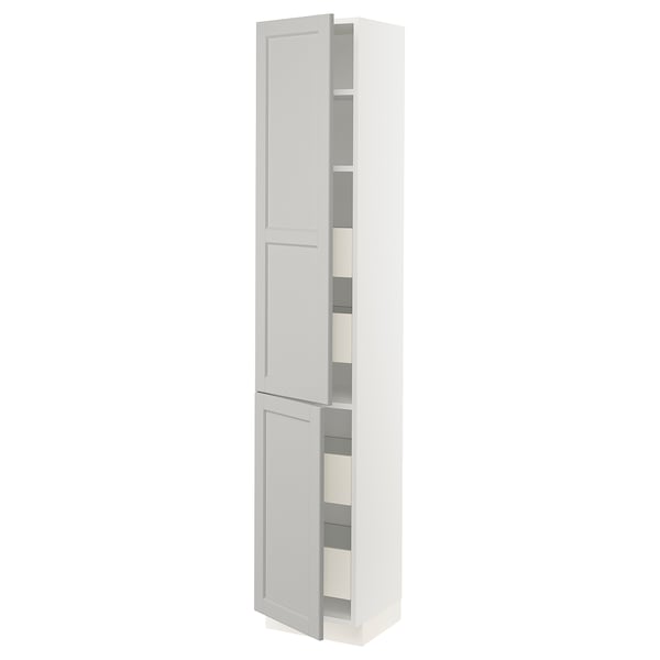 White SEKTION kitchen cabinet with adjustable shelves and drawers.
