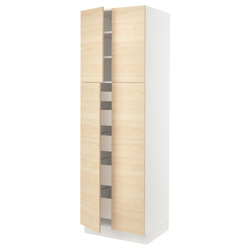 Wooden & white cabinet with open doors showing shelves.