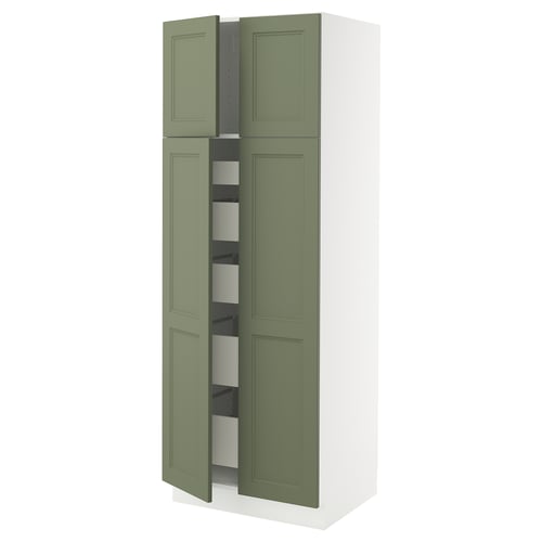 Grey-green ikea SEKTION kitchen cabinet with open shelves