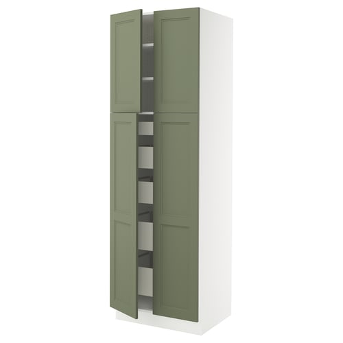 SEKTION kitchen cabinet in green with adjustable shelves and soft-closing hinges.