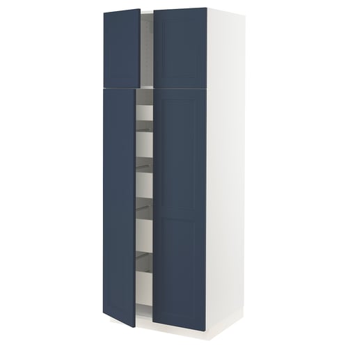 Ikea SEKTION blue cabinet with open doors and shelves.