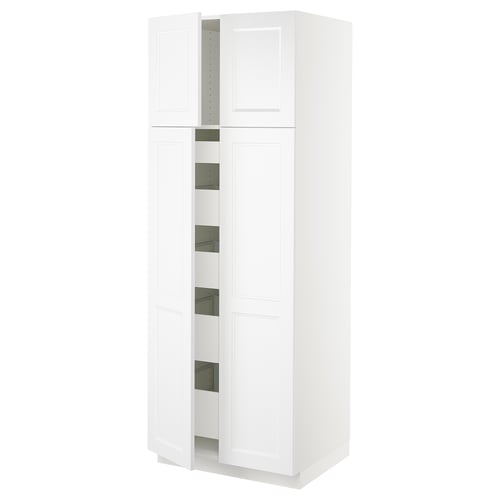 A white SEKTION kitchen cabinet with two doors and several shelves inside. It has a modern design with a sleek finish.